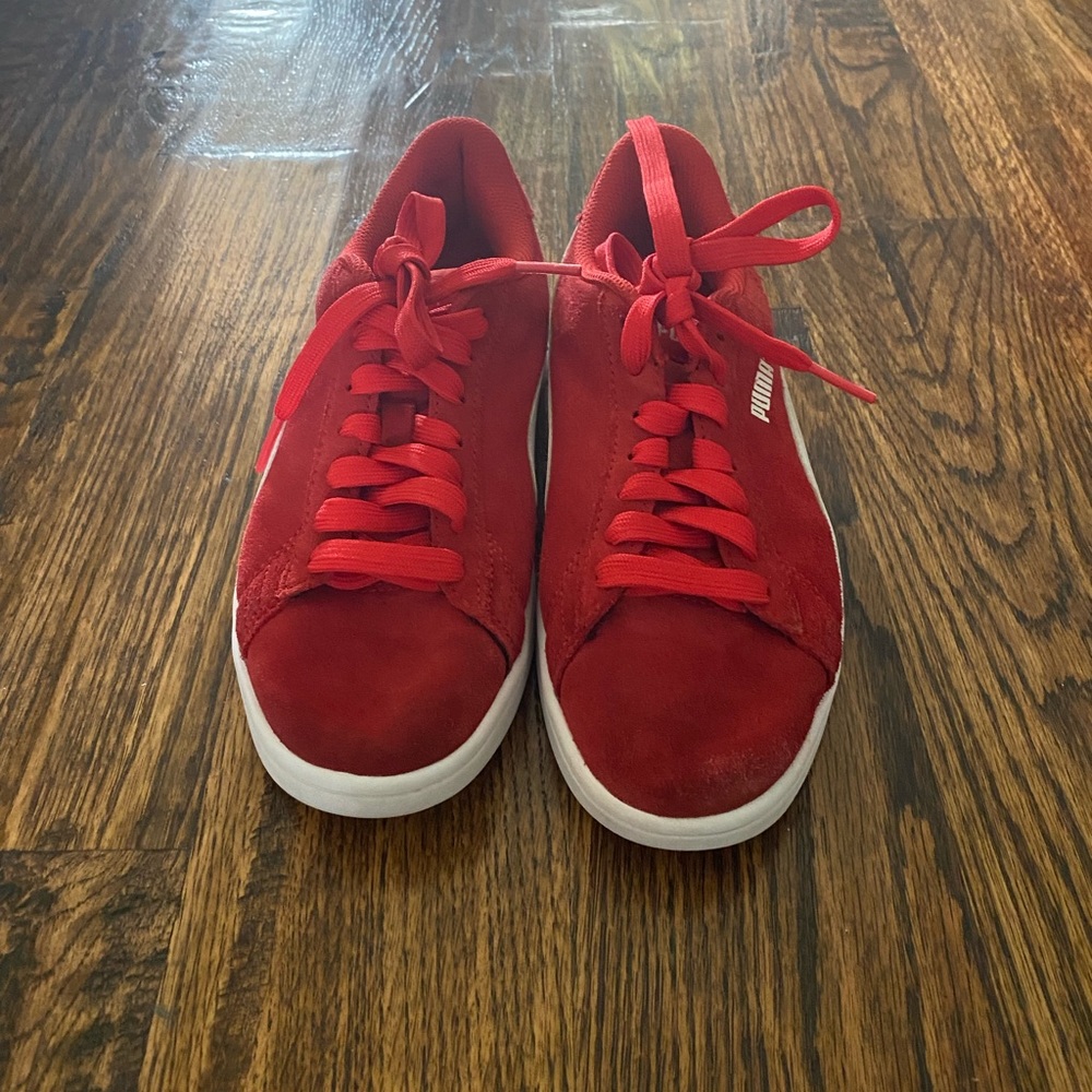 Red suade Pumas. Boys 4.5 size…. New. Never worn